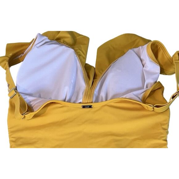 DKNY Swimsuit Womens Size 14 Yellow One Piece Ruching Straps Ruffles Designer - Picture 5 of 11